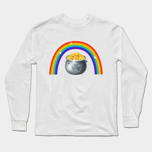 St Patricks Day Rainbow with Pot of Gold and Lucky Shamrock Design Long Sleeve T-Shirt
